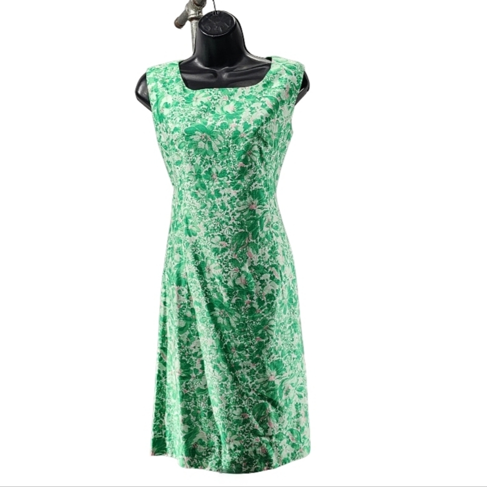 VINTAGE, Handmade Green Floral Sleeveless Sheath Dress, Size 4